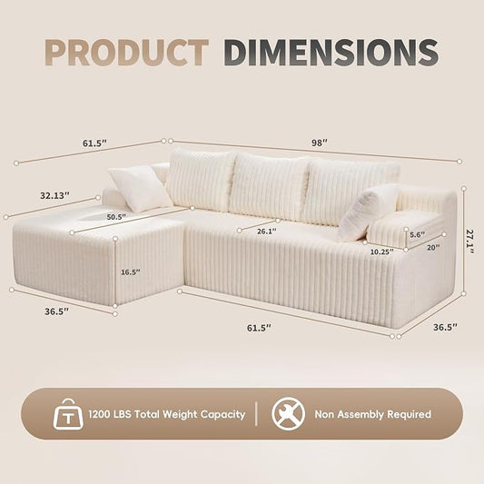 Hobestluk Boneless Couch Modular Sectional Sofa for Living Room Furniture | 98" Left Facing Chaise White,Memory Foam,Removable Cover,Non-slip Bottom,No Assemble Required,Furniture for Apartment