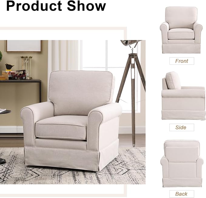 INZOY Swivel Accent Chair Linen Mid Century Modern Chair, Comfy Swivel Barrel Reading Chair, Upholstered Square Chair for Living Room Bedroom Small Spaces, Fully Assembled, Beige