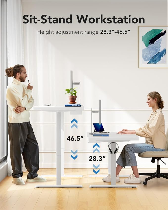 HUANUO 71 x 30 inch White Electric Standing Desk, Large Height Adjustable Table, 4 Memory Preset Sit Stand Up Desk, Powerful Brushless Motor Home Office Computer Table with Thick T-Shaped Frame