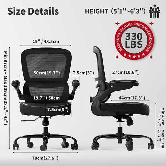 TRALT Ergonomic Office Chair - Desk Chair with Adjustable Lumbar Support Computer Chair - Mesh Comfy Chair with Flip-up Armrests - Gaming Chairs for Adults Home Office (Leather, Black)