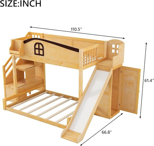 RUNNA Twin Over Full Bunk Bed with Slide,Storage Stairs,Shelf | Twin over full bunk bed with slide, storage stairs, overhead shelf, solid wood, guardrails, no box spring needed