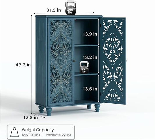 JOINICE 47" Tall Accent Cabinet with Carved Doors & Storage for Living Room,Blue Cabinet with Solid Wood Legs & 100lbs Capacity, Farmhouse/Rustic Style for Dining Room, Bedroom, Hallway, Home Office