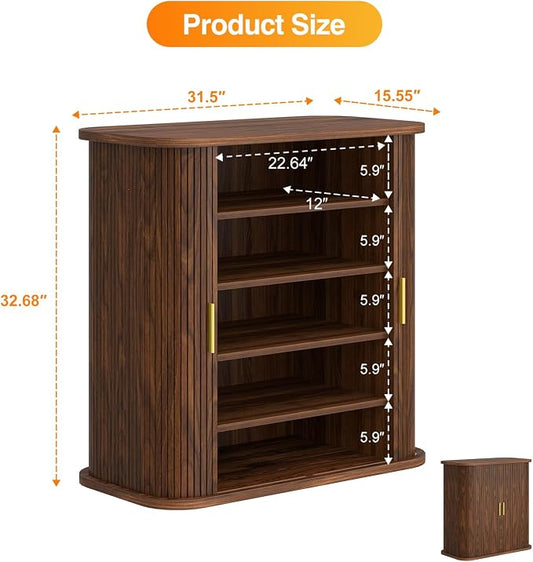 UNIQUITE Shoe Storage Cabinet with Sliding Doors, 5-Tier Wood Shoe Cabinet for Entryway, Adjustable Shelves Freestanding Shoe Organizer with Gold Handle for Hallway, Living Room, Walnut