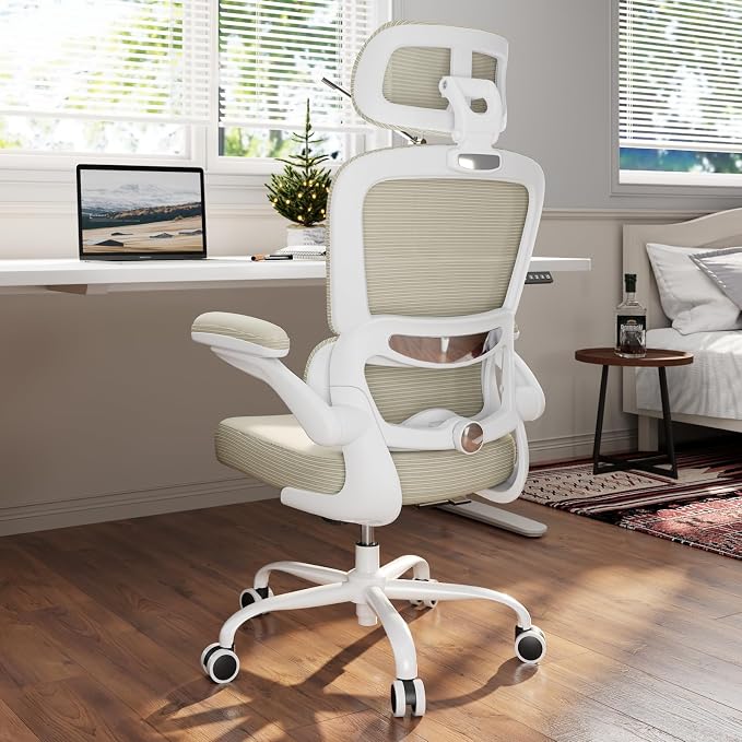 TRALT Ergonomic Office Chair - Desk Chair with Adjustable Headrest Lumbar Support Computer Chair - Mesh Comfy Chair with Flip-up Armrests - Gaming Chairs for Adults Home Office (Leather, Beige)
