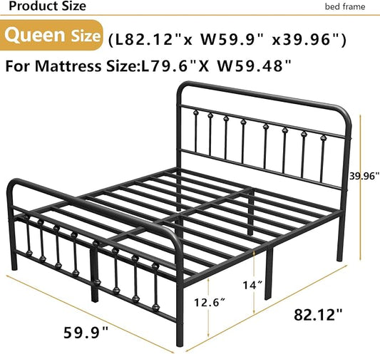 Vengarus Queen Metal Bed Frame with Victorian Headboard & Footboard, Black | 14" Queen Metal Platform Frame, Heavy Duty Steel Slat Support, Noise Free, No Box Spring Needed, Easy Disassembly & Transport