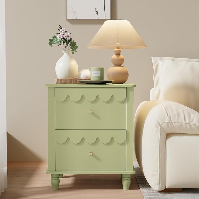 Green Nightstand Side End Table with 2 Drawers, Modern Night Stand with Petal Pattern for Bedroom, Scalloped Bedside Night Tables with Solid Wood Legs