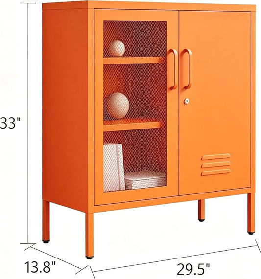 Locking Steel Storage Cabinet Shoe Cabinet for Living Room Bathroom Kitchen Left Wire Mesh Door Right Iron Door Orange Size:33" H x 29.5" W x 13.8" D