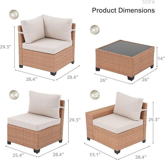 SUNSITT 8-Piece Patio Furniture Set, Outdoor Wicker Modular Sectional Sofa with 7.7-inch Wide Armrests & Thick Comfy Cushions, Glass Top Coffee Table, Rattan Conversation Set, Natural Color