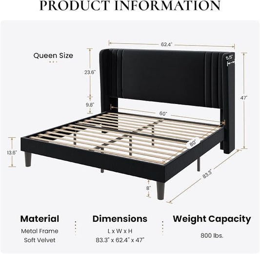 SHA CERLIN Queen Size Velvet Upholstered Platform Bed Frame with Vertical Channel Tufted Wingback Headboard, Wooden Slats Support, Easy Assembly, Under Bed Storage, No Box Spring Required, Black