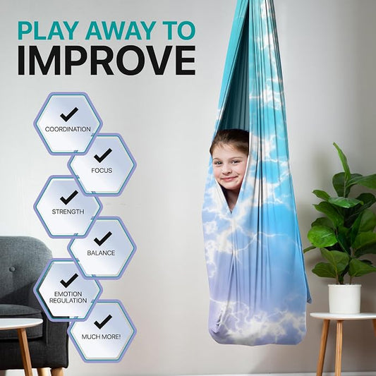 Indoor Sensory Swing for Kids or Outdoor – Holds 300lbs, Double-Layer, & 360° Swivel, Calming Compression Therapy Swing Hammock for Kids & Adults with All Hardware – Sensory-Motor Toys & Gifts