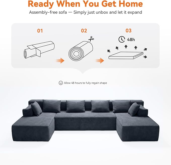 MONVANE 141" U Shaped Cloud Sectional Couch with Chaise Lounge, Modular Sectional Sofa with Removable Armrests, Comfy Corduroy Boneless Couches for Living Room, No Assembly Required, Grey