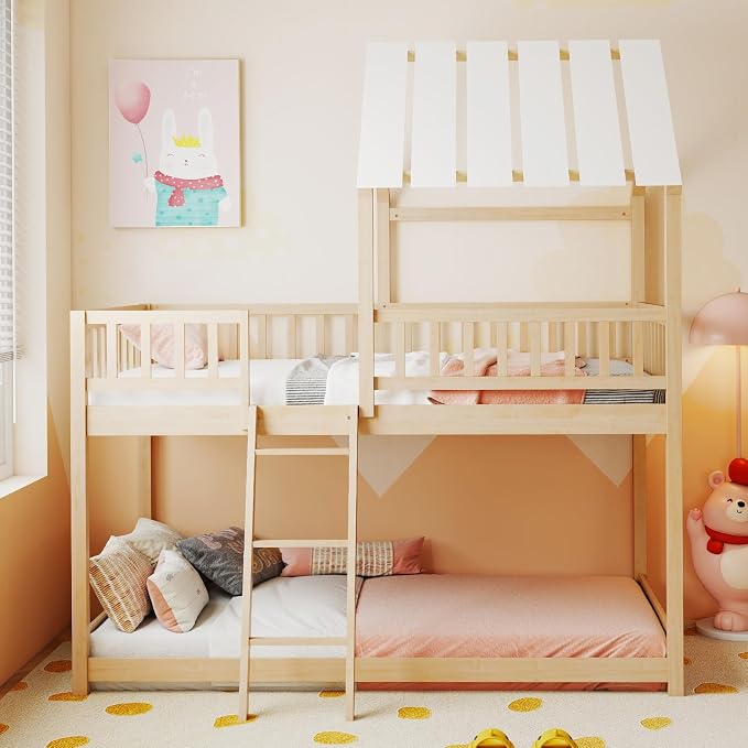 Giantex Twin Over Twin House Bunk Bed, Low Loft Bed Frame with Roof, Wood Bunk Bed with Ladder & Full-Length Guardrails, Twin Floor Bed for Kids Teens Boys Girls, No Box Spring Needed (Natural)