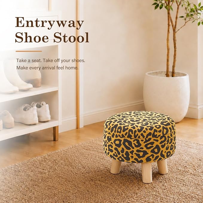 Wimarsbon Storage Ottoman, Modern Round Footrest with Soft Padded Seat, Pattern Velvet Footstool with Wood Legs, Accent Small Table or Plant Stand for Hallway, Living Room (Orange)