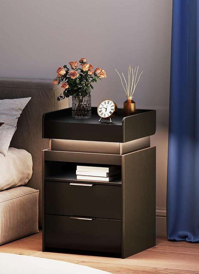 Black Nightstand with Charging Station, Hidden Sliding Top Compartment with USB-C, 2 USB Ports & 2 Outlets, Modern Night Stand with Drawers for Bedroom