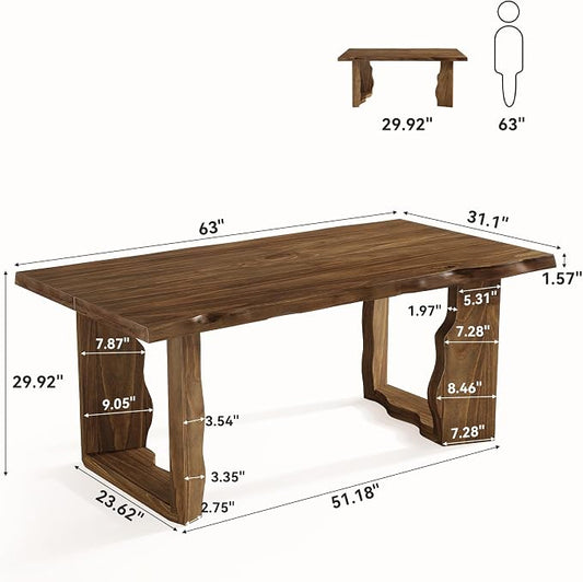 63" Live Edge Solid Wood Dining Table, Modern Rustic Kitchen Table with Sculptural Legs, 6-Person Rectangular Dinner Table for Dining Room, Kitchen,Natural Dark Brown Finish