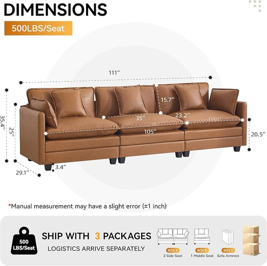 111'' Sectional Cloud Deep Seat Couch, Modern Comfy Leather Modular Sectional Sofa for Living Room Set, Upholstered Modular 3-Seats Sofa Couch, Leather Light Brown