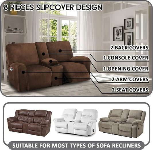 ULTICOR Reclining Love Seat with Middle Console Slipcover, 8-Piece Velvet Stretch 2 seat Loveseat Recliner Cover, Thick Soft, Washable (Chocolate)