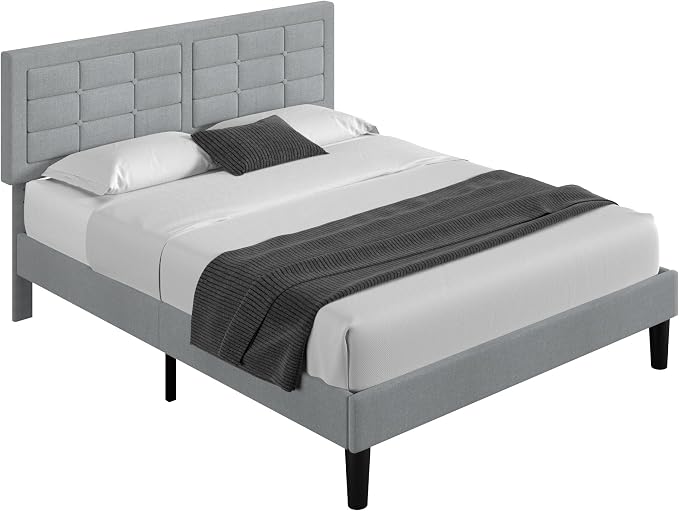 VECELO Queen Size Bed Frame, Adjustable Upholstered Button Tufted Headboard, Heavy-Duty Bedframe with Wood Slats Support, No Box Spring Needed, Linen & Light Grey