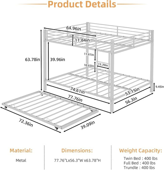 Metal Bunk Bed with Trundle, Space-Saving Bunk Bed Full Over Full with Ladders and Safety Guardrail, Heavy Duty Full Bed Frames, No Box Spring Needed and Noise Free(White)