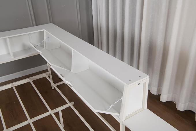 Bellemave Queen Size Corner Bed Frame with Storage Drawers, Bookcase and Side Desk, Queen Corner Bed with Light and Charging Station, Daybed for Bedroom, Living Room, Guest Room White