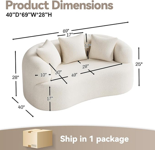 69" Curved Loveseat Sofa for Living Room, Modern Chenille Love Seat Cloud Couch, Luxury Plush Extra Deep Oversized Sofa for Small Spaces, Bedroom, Apartment, No Assembly Required, Cream White