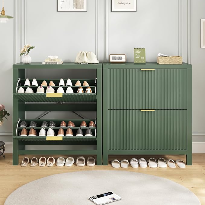 YOMILUVE Fluted Shoe Storage Cabinet with 2 Flip Drawers, Freestanding Shoe Organizer, Hidden Slim Narrow Shoe Rack for Entryway, Hallway, Green