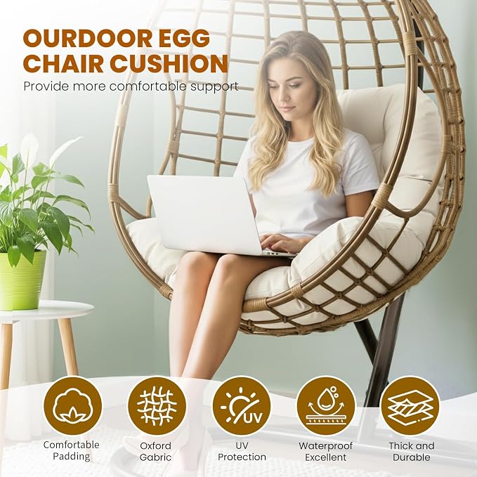 Egg Chair Cushion Replacement Outdoor Hanging Chair Cushion for Patio Furiture Hammock Swing Cushion 47x35x6 Inches (White)