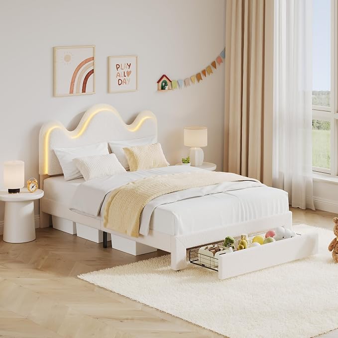 IDEALHOUSE Twin Bed Frame with LED Headboard and Under-Bed Drawer, Metal Upholstered Platform Bed with LED Light for Kids, Girls, Lamb Fleece Fabric, Wooden Slats Support, No Box Spring Needed, White
