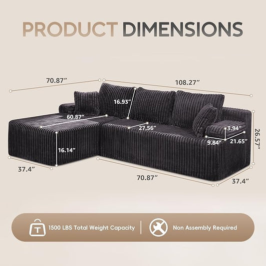 Hobestluk Boneless Couch Modular Sectional Sofa L-Shape Oversized Chaise | 108" Left Facing Chaise Black,Memory Foam,Removable Cover,Non-slip Bottom,No Assemble Required,Living Room Furniture