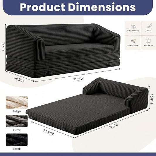 JUIKURY Convertible Sofa Bed, 3-in-1 Foldable Loveseat Couch with Armrest, Corduroy Floor Sofa & Sleeper Bed, No Assembly High-Density Foam Futon Mattress for Living Room, Small Apartment, Dorm