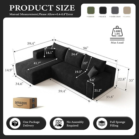 AUGOP 96" Sectional Couches for Living Room Modern Modular Sofa with L-Shape Couchs Upholstered Boneless Couch Deep Seat Sectional Couch with Chaise (Black, 96" Left Facing Chaise+2Seaters)