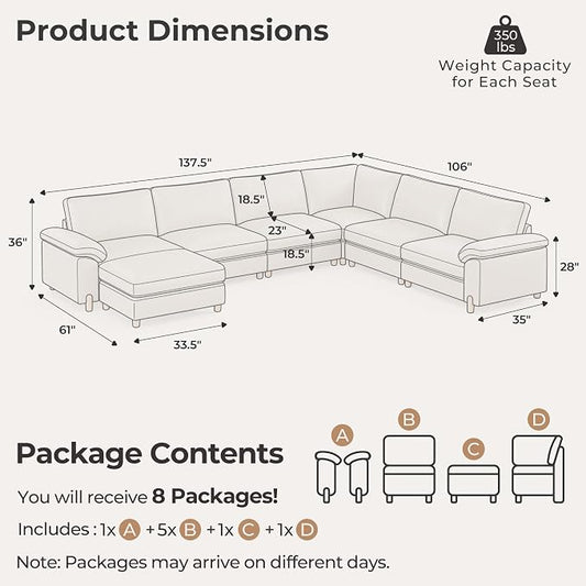 SITJOY Large Cloud Couch, 138" Wide 6 Seater U Shape, Faux Leather in White | Pet-Friendly Scratch-Resistant Leather Sectional Sofas for Living Room, Deep Seat Wide Couch with Chaise, Storage Ottoman