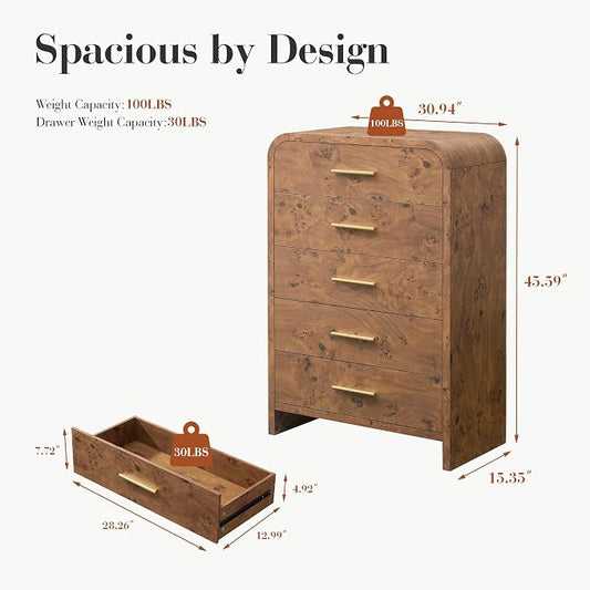 Curved 5-Drawer Dresser for Bedroom, 45.59" Tall Modern Chest of Drawers, Wooden Chest of Drawers for Living Room, Closet Storage Organizer Furniture, Nursery, Hallway, Dark Burl