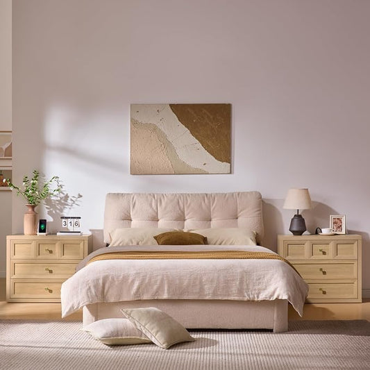 3-Piece Bedroom Set, 6 Drawer Dresser and 3 Drawer King Size Nightstands Set of 2 with Charging Station, 3 Piece Farmhouse Wood Bedroom Dresser and Nightstand Sets,Natural