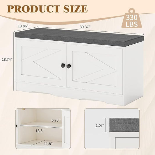 Apicizon Shoe Storage Bench, 2 Tier Entryway Bench with Padded Seat Cushion, 2 Barn Doors, Adjustable Shelves, 39.37" Shoe Bench with Storage for Entrance Hallway Bedroom Living Room, Beige White
