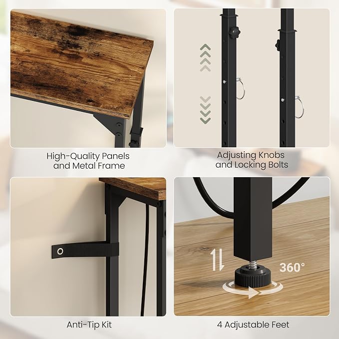 CHOEZON 29.5" Narrow Console Table with Adjustable Height (21.1"-29.9"), Behind Couch Table, Entryway Table with Power Outlet, Narrow Sofa Table, for Entryway, Rustic Brown and Black TXG10UBF