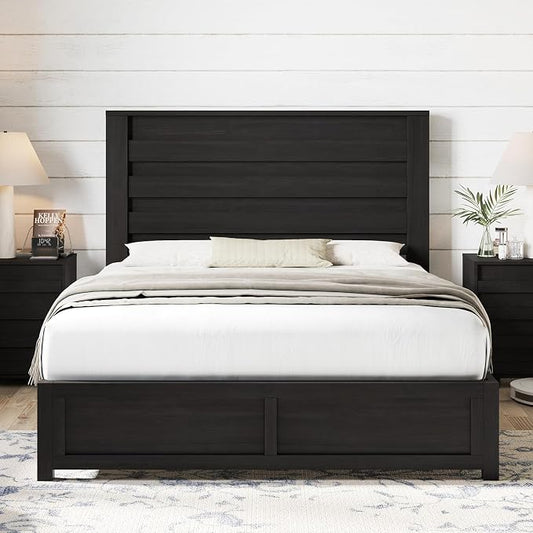 AMERLIFE 2-Piece Farmhouse Bedroom Set, Queen Size Bed Frame and 6 Drawer Dresser, Platform Bed with 49" Fluted Headboard, 54" Wide Wood Chest of Drawer for Bedroom, Black