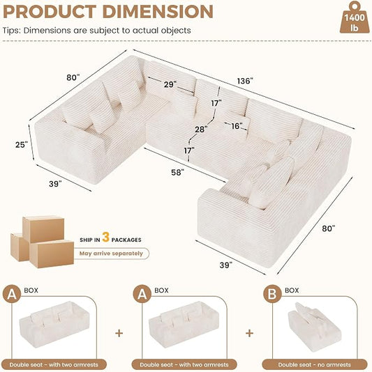 Luxanimarion 136'' Large Sectional Cloud Couches with Chaise, U Shaped Boneless Loveseat Sofa, No Assembly Required Deep Seat Modular Lounge for Living Room 3PCS Set, Bedroom(Beige)