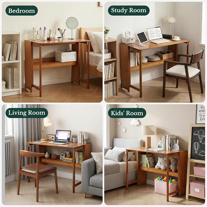 41'' Bamboo Folding Desk with Bookshelf, Space-Saving Computer Desk, Mid Century Modern Foldable Study Table for Home Office, Bedroom, Small Spaces - Brown