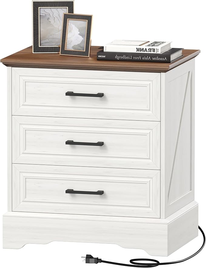 Akxomel Farmhouse Nightstand with Charging Station, 22" Wide Bedside Table with 3 Large Drawers & Bar Handles, Side End Table with Stable Support Base, for Bedroom, Off White