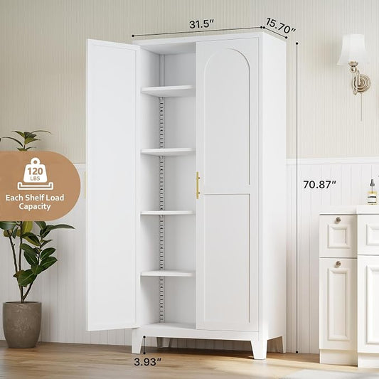 Zevemomo 71'' Tall Metal Pantry Cabinet with 2 Doors, Freestanding Kitchen Storage Cabinet with 4 Adjustable Shelves, Steel Cupboard for Kitchen, Pantry, Dining Room, Living Room, Bathroom, White
