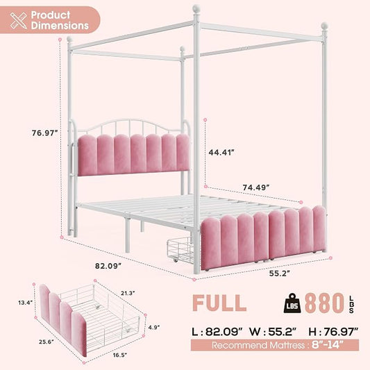 Homkdom Canopy Bed Frame Full with Upholstered Storage Headboard and Charging Station & LED Lights, 2 Oversized Drawers,Heavy-Duty Support, No Box Spring,Quiet Sleep,Easy Assembly, Pink