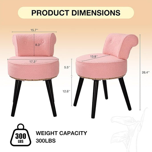 Vanity Chair with Backrest, Boucle Upholstery Armless Makeup Stool, Vanity Stool with for Bedroom Living Room Kitchen Dinning Room (Sherpa Pink)
