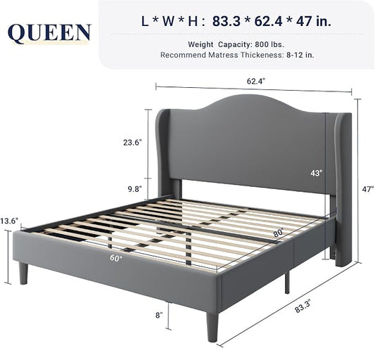Allewie Queen Size Bed Frame, Upholstered Wingback Platform with 47" Tall Tufted Headboard, Plush Velvet Fabric, Modern Minimalist Design, No Box Spring Required, Tool-Free Assembly, Grey