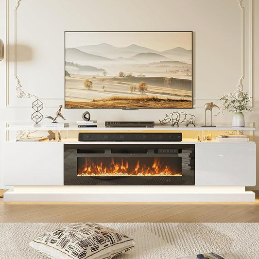 70" Fireplace TV Stand, Modern Entertainment Center for TVs Up to 80”, TV Console with Storage Cabinets, Media Console for Living Room, White TV Stand and Black Fireplace