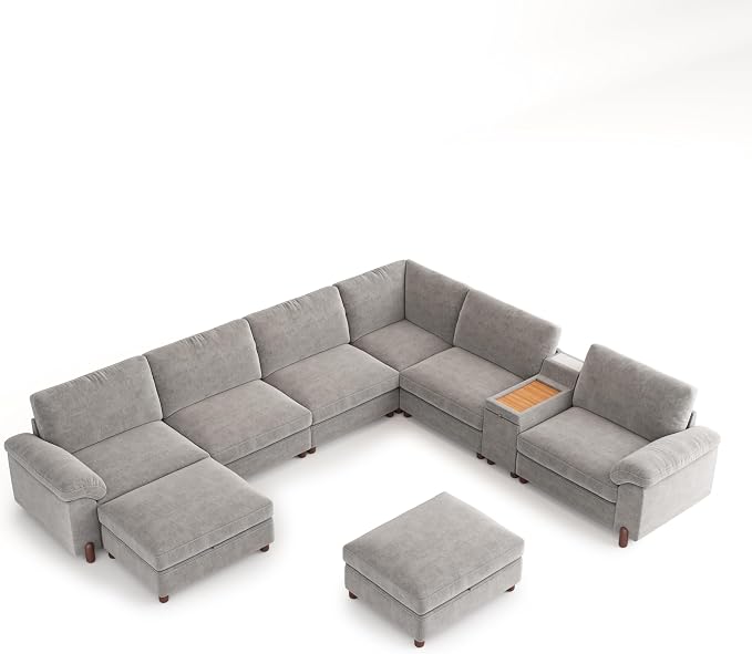 SITJOY Large Cloud Couch, 138" Wide 8 Seat V Shape with Console, Light Gray | Detachable and Washable Chenille Cover Sectional Sofas for Living Room, Deep Seat Wide Couch with Chaise, Storage Ottoman