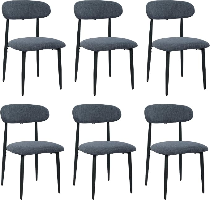 FREKEN Modern Upholstered Dining Chairs Set of 6, Mid-Century Metal Frame Linen Fabric Side Chair for Kitchen Dining Room, 350lbs Capacity, Grey