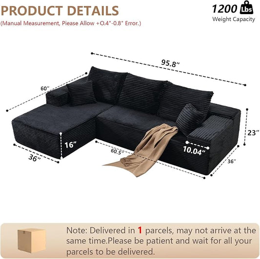 96" Modular Sectional Sofa,Modern Corduroy Cloud Couch,Boneless Couch Upholstered 3-Seater L-Shaped Sofa for Living Room,Couch in a Box No Assembly (Black, Left-Facing Chaise)