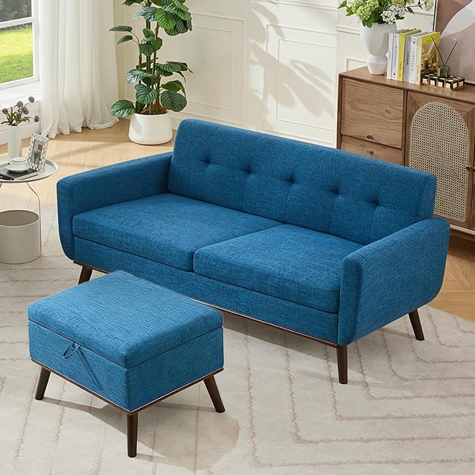 Kingfun Living Room Furniture Sets, Standard & Ottoman, Mid Century Modern Decor Sofa Couches, Button Tufted Upholstered Furniture, Blue