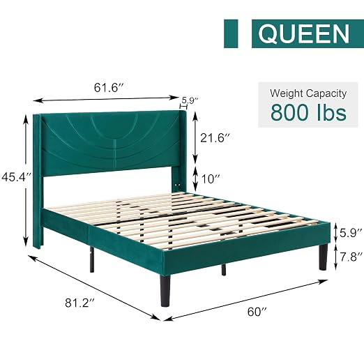 VECELO Queen Bed Frame Upholstered Platform with Fabric Headboard,Wooden Slats Support/No Box Spring Needed/Mattress Foundation,Dark Green
